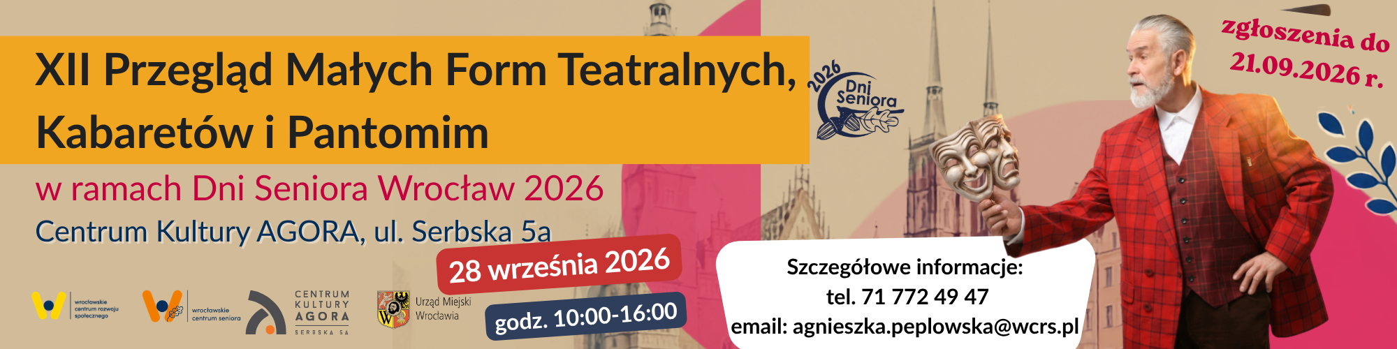 baner przedstawiajćy seniora z maską w ręku i dane tektowe o przeglądzie.