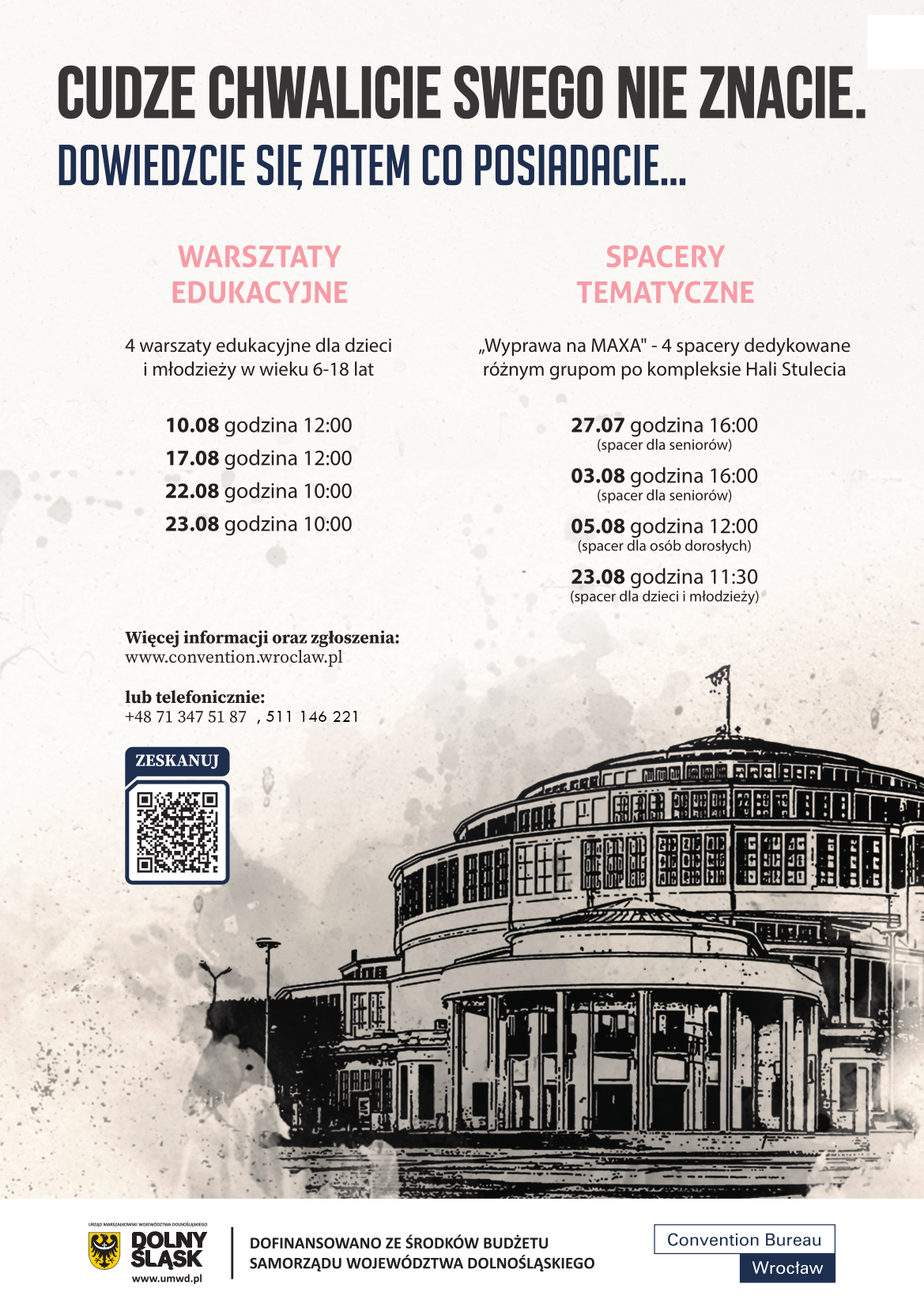 Plakat zapraszenie do uczestnictwa w cyklu tematycznych spacerów po kompleksie Hali Stulecia „Wyprawa na MAXA” dedykowanych dla seniorów. Logo UMWD, Logo Miasto Wrocław