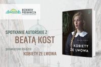na plakacie okładka książki Kobiety ze Lwowa oraz tekst