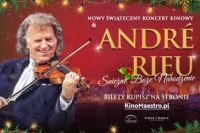 Plakat zapowiadający koncert świateczny André Rieu z koncertem kinowym pt. Śnieżne Boże Narodzenie.