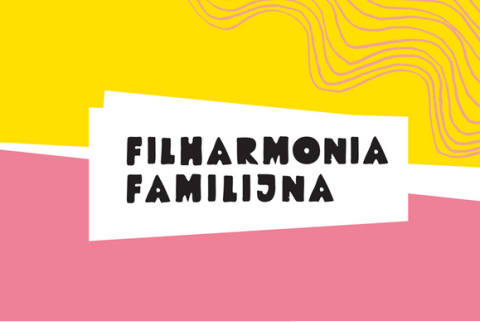 promocja NFM - Filharmonia Familijna - napis na żółto-różowym tle
