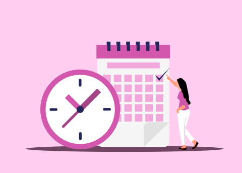 Grafika, na rożowym tle zegar a na dalszym planie kalendarz i postać dziewczyny.