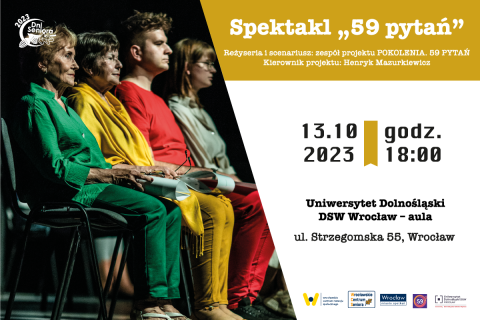 Na zdjęciu grupa osób siedząca na krzesłach w kolorowych ubraniach, spektakl 59 pytań 13.10. godz. 18:00 w Uniwersytecie Dolnośląskim  DSW Wrocław - aula  