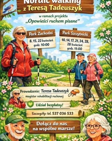 Plakat zapraszający na nordic walking.