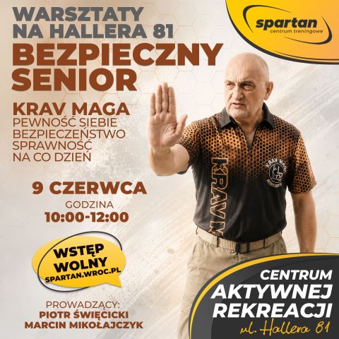 Grafika z seniorem zapraszająca na warsztaty samoobrony prowadzony w oparciu o system Krav Magi.