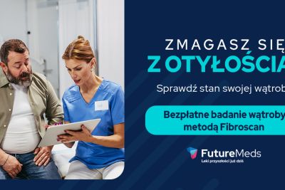 Grafika w kolorze granatowo niebieskim na temat badania Fibroscan.