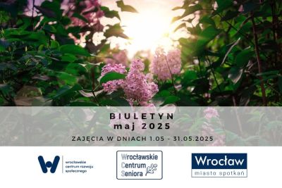 Grafika z kwiatami zapowiadająca biuletyn na maj 2025. 