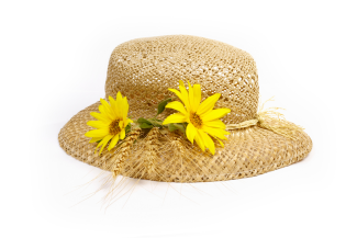 Zdjęcie przedstawia słomiany damski kapelusz udekorowany dwoma żółtymi kwiatami. Całość na białym tle