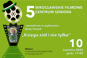 Grafika zapowiadająca monodram Anny Seniuk. Zielone tło, filmowy motyw graficzny.
