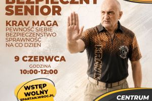 Grafika z seniorem zapraszająca na warsztaty samoobrony prowadzony w oparciu o system Krav Magi.