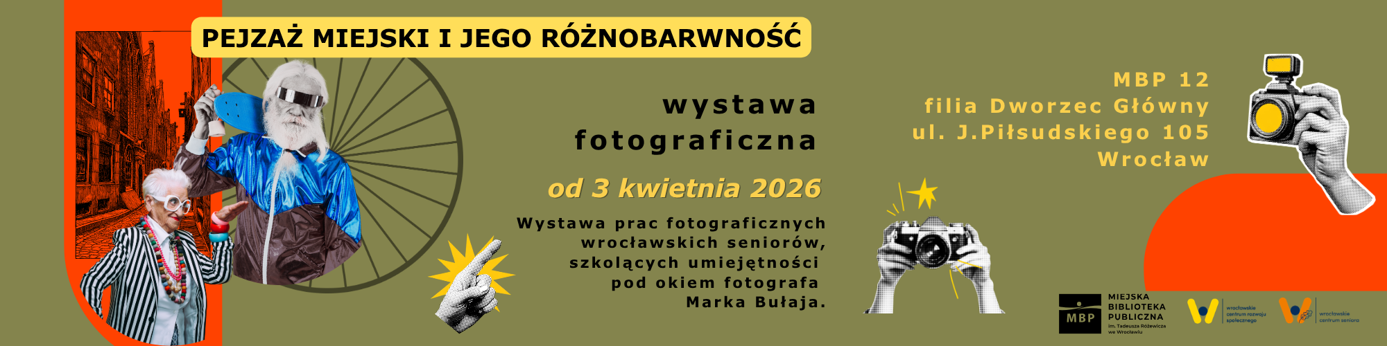 Grafika zapowiadająca Pejzaż miejski i jego różnobarwność – wystawa fotografii seniorów.