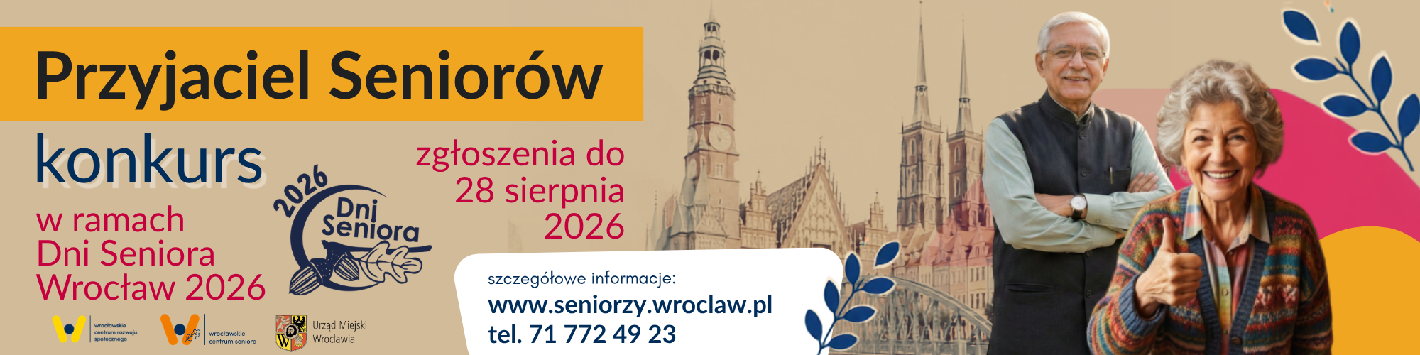 Grafika zachęcająca do nadsyłania zgłoszeń na konkurs pt. Przyjaciel Seniorów.