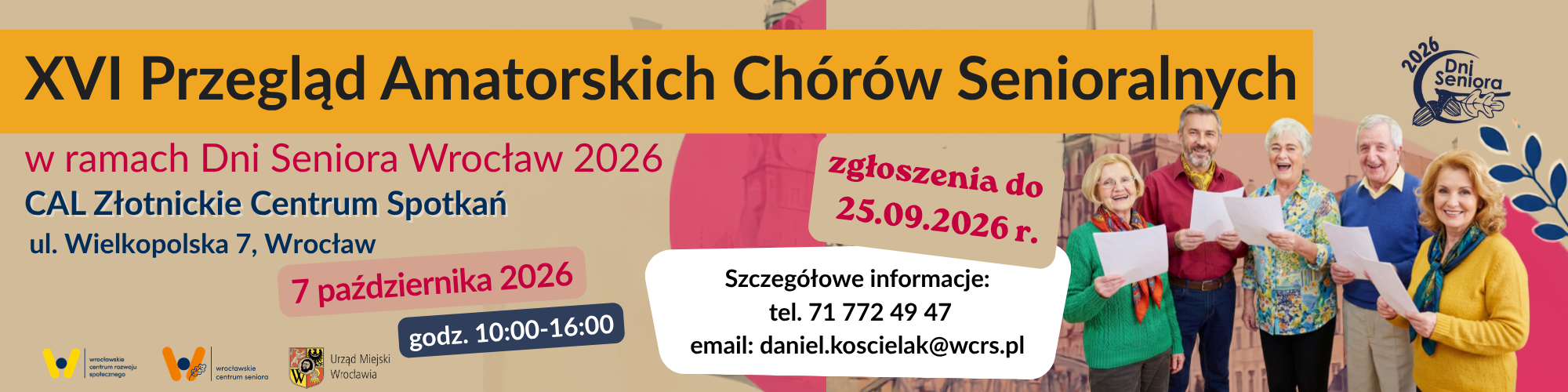 Baner informujący o XVI Przeglądzie Amatorskich Chórów Senioralnych w ramach Dni Seniora Wrocław 2026 z datą, miejscem i terminem zgłoszeń.