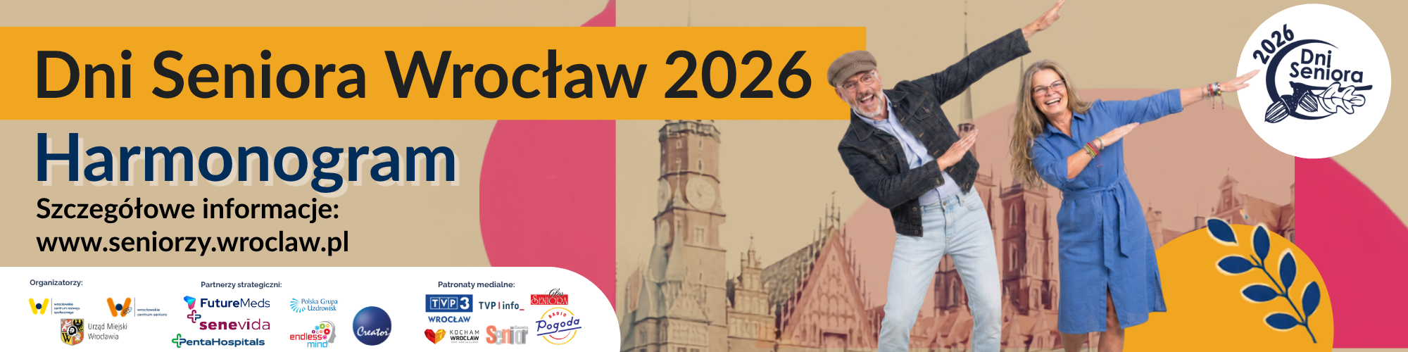 Baner promujący harmonogram Dni Seniora Wrocław 2026 z uśmiechniętymi seniorami na tle wrocławskiego Rynku i informacją o programie wydarzeń.
