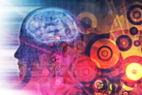 obrazek poglądowy - elementy związane ze światem nauki, graludzka postać z mózgiem 