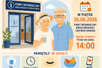 Infografika informująca, że w piątek 26 czerwca 2026 r. Punkt Informacyjny Wrocławskiego Centrum Seniora będzie czynny tylko do godziny 14:00 z powodu upałów oraz przypominająca najważniejsze zasady bezpieczeństwa podczas wysokich temperatur.
