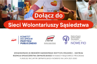Grafika z małymi zdjęciami nawiązująca do promocji nowego projektu z napisem dołącz do sieci wolontariuszy sąsiedztwa. 