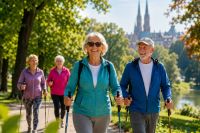 Seniorzy podczas zajęć nordic walking w zielonym parku we Wrocławiu