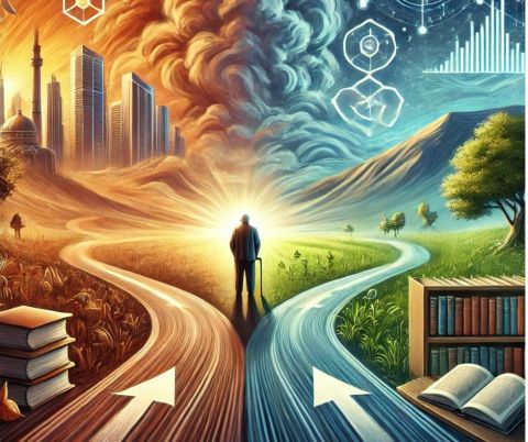 Grafika przedstawia starszą osobę stojącą na rozdrożu, symbolizując wybory i wyzwania współczesnego świata – od sztucznej inteligencji po zmiany klimatyczne i wiedzę.