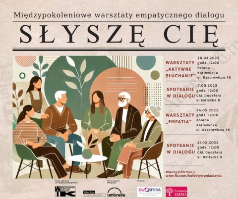 Grafika zapowiadająca warsztaty międzypokoleniowe Słyszę Cię.