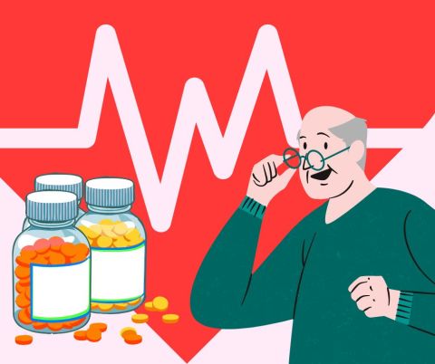 Na ilustracji senior z lekami.
