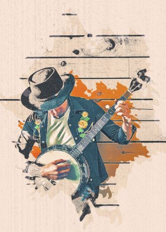 Na obrazku muzyk z gitarą w kapeluszu.