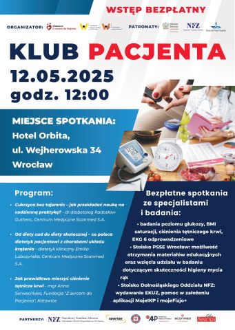 Plakat zapraszający na wydarzenie prozdrowotne Klub Pacjenta zapraszający na cykl wykładów 12 maja 2025 we Wrocławiu. 