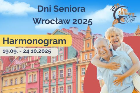 Grafika z napisem harmonogram Dni Seniora 2025. 