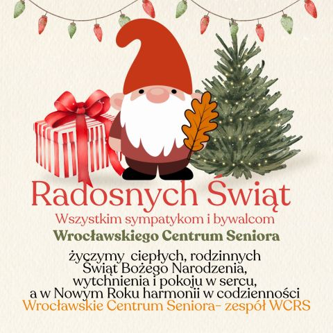 Kartka świąteczna, prezent, krasnal, choinka.