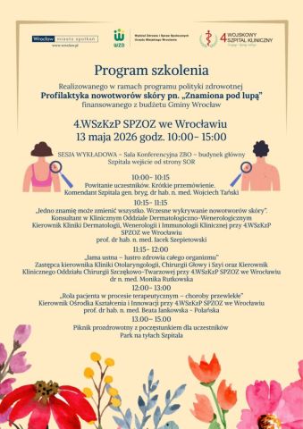 Plakat zapraszający na szkolenie pt. Profilaktyka nowotworów skóry – Znamiona pod lupą w dniu 13 maja sala konferencyjna w 4 Wojskowym Szpitalu Klinicznym we Wrocławiu.