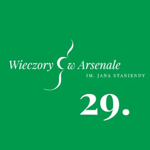 Plakat na zielonym tle biały napis.