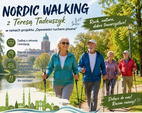 plakat z seniorami chodzącymi z kijami do nordic walking.