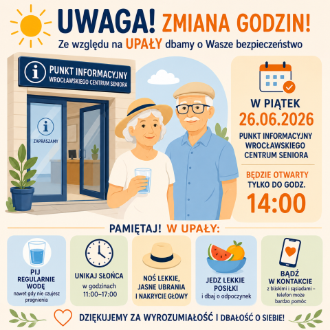 Infografika informująca, że w piątek 26 czerwca 2026 r. Punkt Informacyjny Wrocławskiego Centrum Seniora będzie czynny tylko do godziny 14:00 z powodu upałów oraz przypominająca najważniejsze zasady bezpieczeństwa podczas wysokich temperatur.
