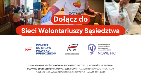 Grafika z małymi zdjęciami nawiązująca do promocji nowego projektu z napisem dołącz do sieci wolontariuszy sąsiedztwa. 