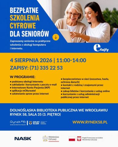 Grafika granatowo-żółta z zaproszeniem dla Seniorów na szkolenie pt. „eFajfy – rozwój kompetencji cyfrowych” - bezpłatne szkolenie z zakresu kompetencji cyfrowych dla Seniorów.