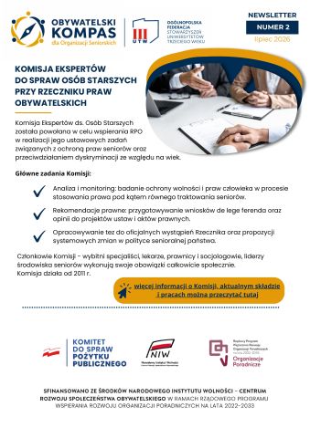 Okładka newslettera „Obywatelski Kompas dla Organizacji Seniorskich” z informacjami o prawach seniorów, działalności organizacji pozarządowych oraz Bonie Senioralnym