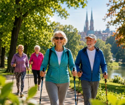 Seniorzy podczas zajęć nordic walking w zielonym parku we Wrocławiu
