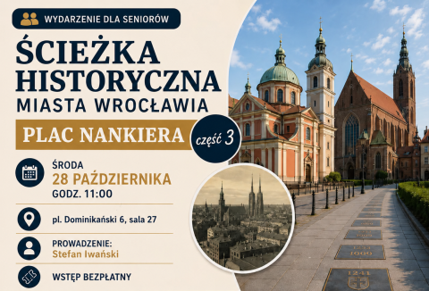 Grafika z zapowiedzią spotkania pt. Poznaj historię Wrocławia – Ścieżka Historyczna Placu Nankiera.