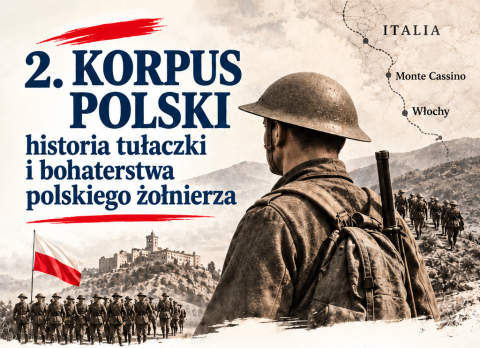 Grafika zapraszająca na spotkanie pt. 2. Korpus Polski – historia tułaczki i bohaterstwa polskiego żołnierza.