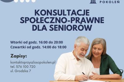 Na grafice dwie osoby siedzące przy stole nad dokumentami. Grafika informuje o konsultacjach spoleczno prawnych dla seniorow w 2025r.