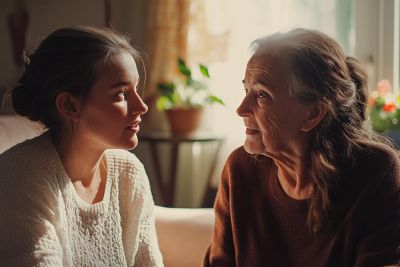 Dwie osoby na zdjęciu w pokoju młodsza i seniorka.