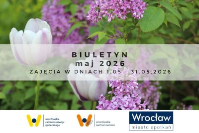 kwitnący fioletowy bez i napis Biuletyn.