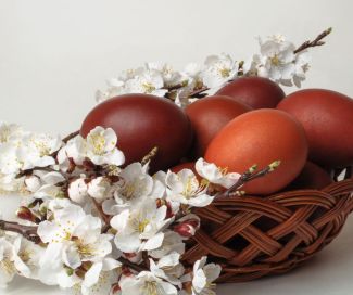 Na obrazku kosz z pisankami i kwitnąca gałązka 