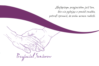 Grafika z dwiema trzymającymi się dłońmi symbolizującymi wsparcie seniorów. Cytat o przyjaźni i napis „Przyjaciel Seniorów” na fioletowym tle