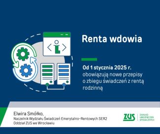Renta wdowia. Treść: „Od 1 stycznia 2025 r. obowiązują nowe przepisy o zbiegu świadczeń z rentą rodzinną”. Na dole: „Elwira Smółko, Naczelnik Wydziału Świadczeń Emerytalno-Rentowych SER2, Oddział ZUS we Wrocławiu”. Po prawej stronie logo ZUS z podpisem „Zakład Ubezpieczeń Społecznych”. W tle ikony: koło zębate z symbolami automatyzacji i dokumenty. Kolorystyka: granatowy, zielony i biały.