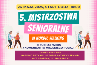 Grafika zapowiadająca 5 Mistrzostwa senioralne w nordic walking.