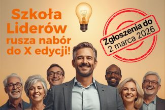 Grafika dotyczaca naboru do projektu Szkoła Liderów w 2026 roku, na grafice grupa uśmiechniętych osób w różnym wieku.osób 
