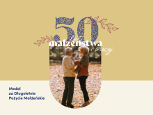 Grafika z parą seniorów informująca o medalu za dlugoletnie pozycie małżeńskie.