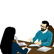 Na grafice dwie postaci przy komputerze i dokumentach.