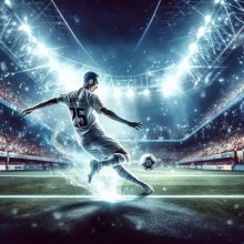 Na grafice stadion i piłkarz mający u stóp piłkę nożną. 